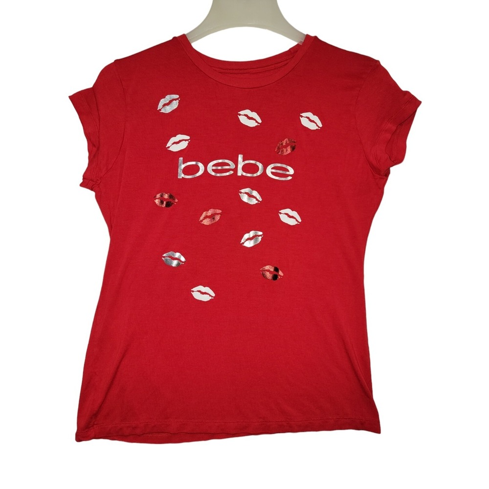 Bebe Women's Shirt Red Blouse Top Short Sleeve XL